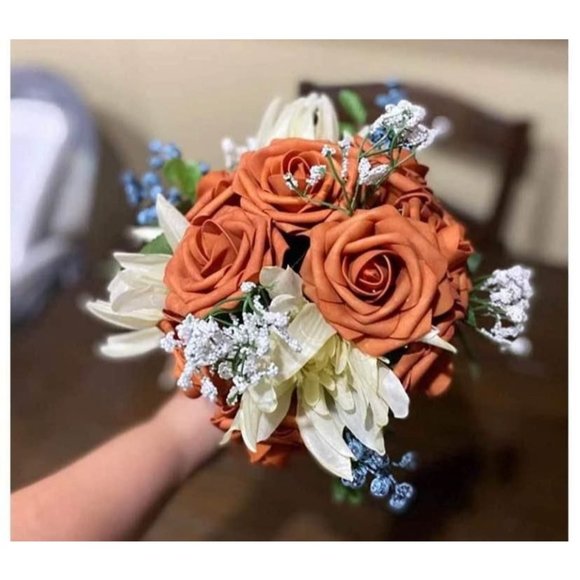 25 count | Burnt Orange Roses w/ Stems Leaves Wedding Party Bouquets Centerpiece - Picture 4 of 4